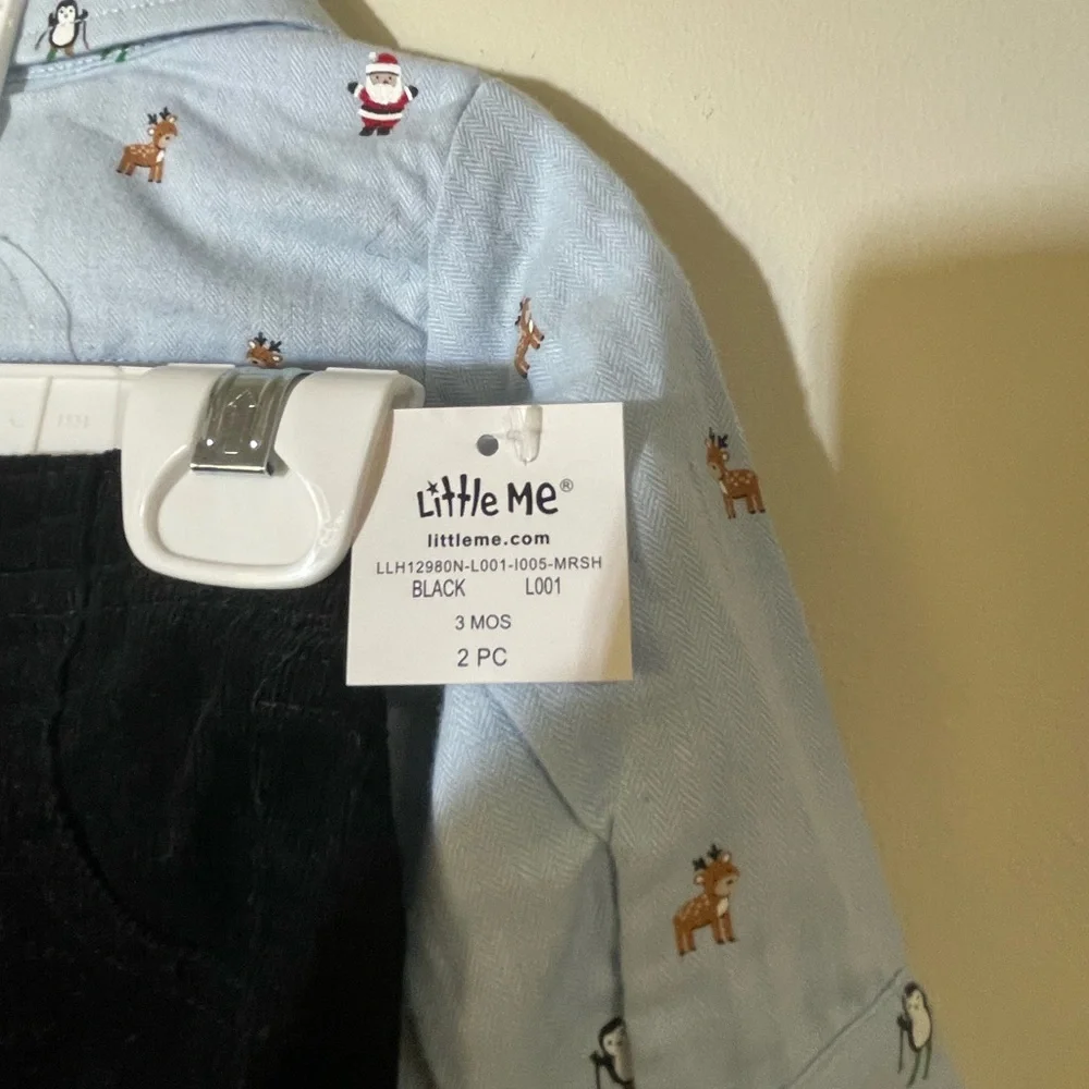 Little Me Boys‎ Infant 3 month 2 Piece Christmas pant shirt tie embroidered NWT